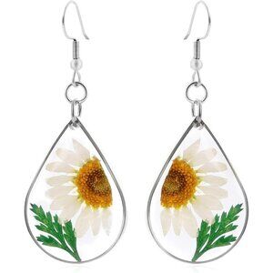 Preserved Mums Flower Teardrop Vintage Long Summer Earring for Women Jewelry